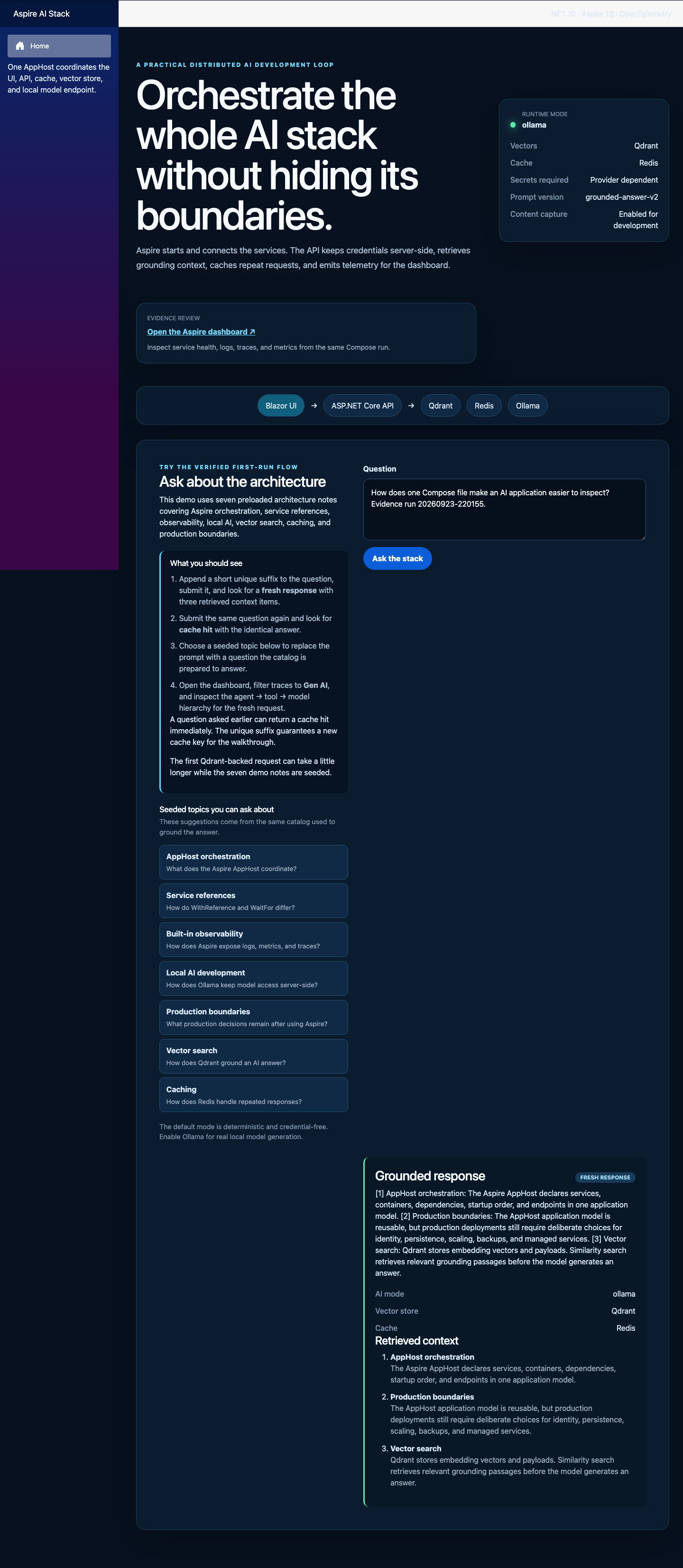 The Compose homepage reporting development-only content capture alongside a real grounded response