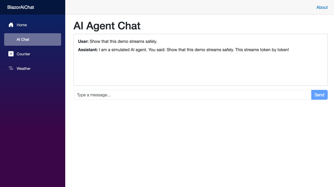 The browser smoke test submits a prompt and receives a streamed simulated response.