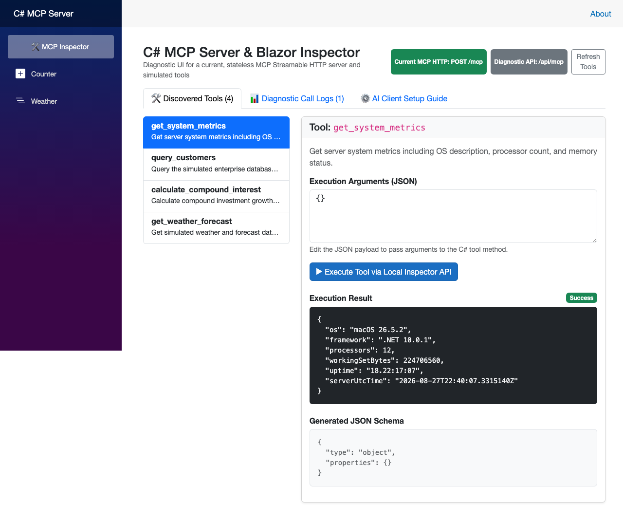 The Blazor diagnostic inspector showing a sample tool result